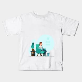 the girl who knits sitting in a vintage armchair Kids T-Shirt